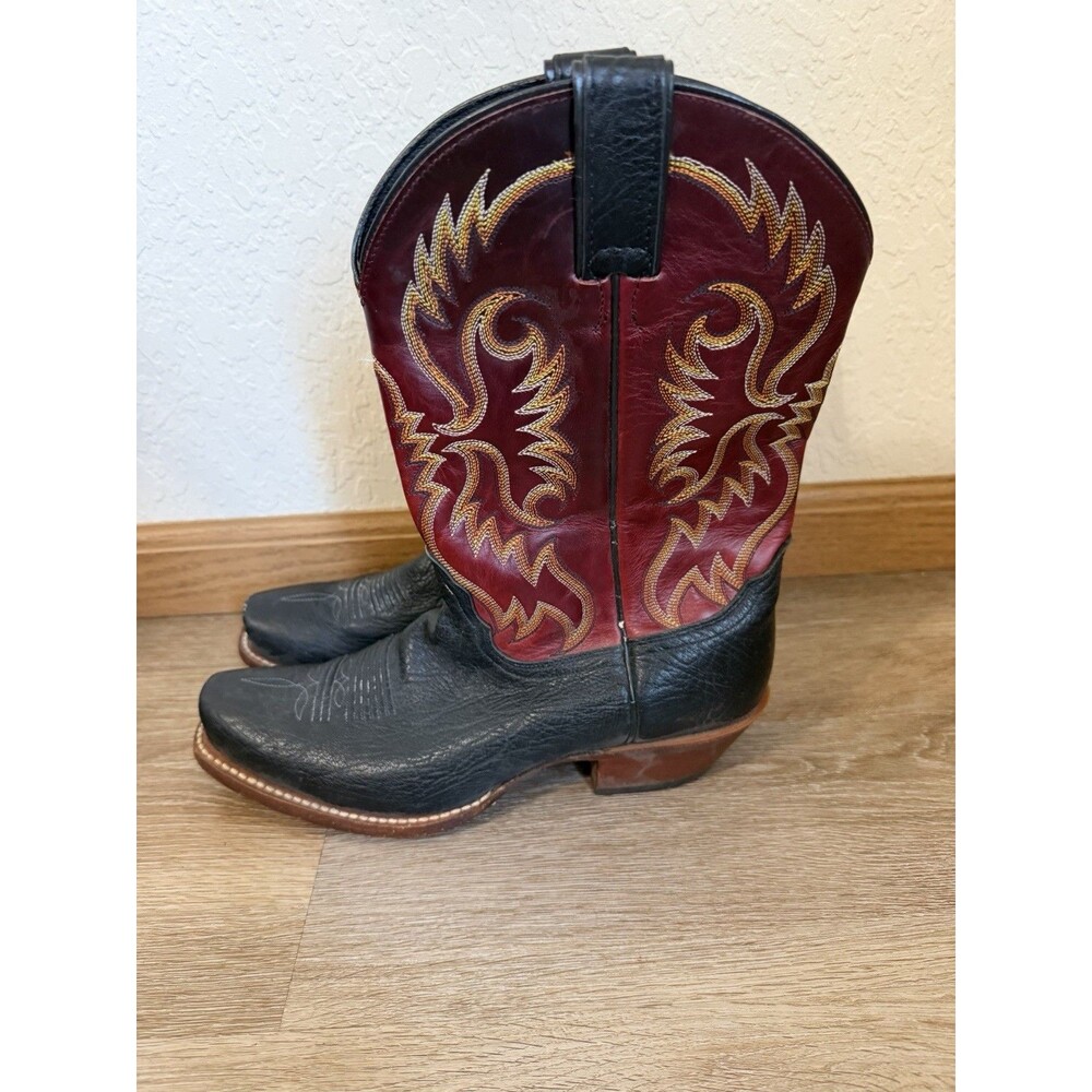 Nocona Cowboy Boots Women Black/Red Leather Square Toe Size 10B